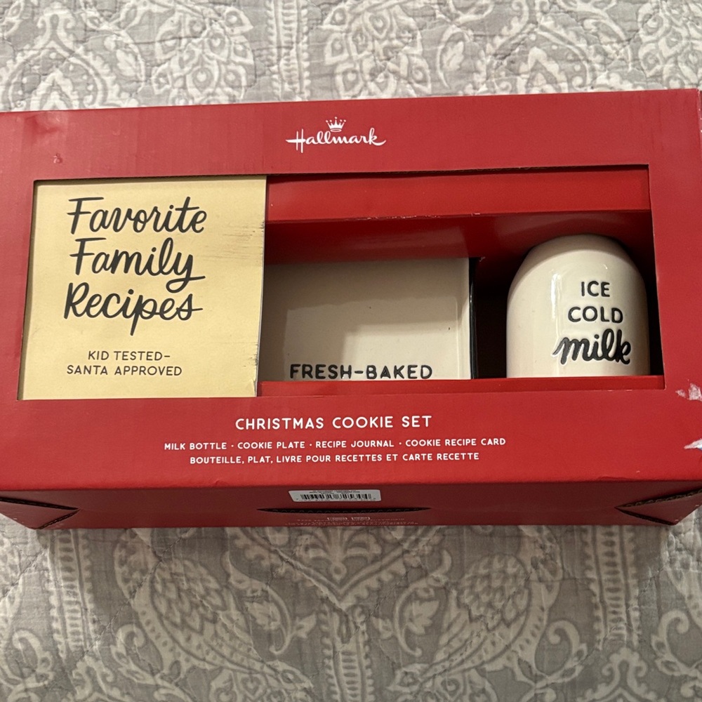 Hallmark Red and White Santa’s cookie plate and milk bottle with recipe journal